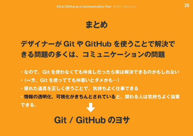 35
Git & GitHub as a Communication Tool - #p4d in #phpcon
σβΠφʔ͕ (JU ΍ (JU)VC Λ࢖͏͜ͱͰղܾͰ
͖Δ໰୊ͷଟ͘͸ɺίϛϡχέʔγϣϯͷ໰୊
ɾͳͷͰɺ(JU Λ࢖Θͳͯ͘΋஥ྑͩͬͨ͠Β࣮͸ղܾͰ͖Δͷ͔΋͠Εͳ͍
ɾ
ʢҰํɺ(JU Λ࢖ͬͯͯ΋஥ѱ͍ͱμϝ͔΋ʜʣ
ɾ༏Εͨಓ۩Λਖ਼͘͠࢖͏͜ͱͰɺؾ࣋ͪΑ͘࢓ࣄͰ͖Δ
ɾ৘ใͷಁ໌ԽɺՄࢹԽ͕͖ͪΜͱ͞Ε͍ͯΔͱɺؔΘΔਓ͸ؾ࣋ͪΑ͘ڠۀ
Ͱ͖Δɻ
·ͱΊ
(JU(JU)VC ͷϤα
