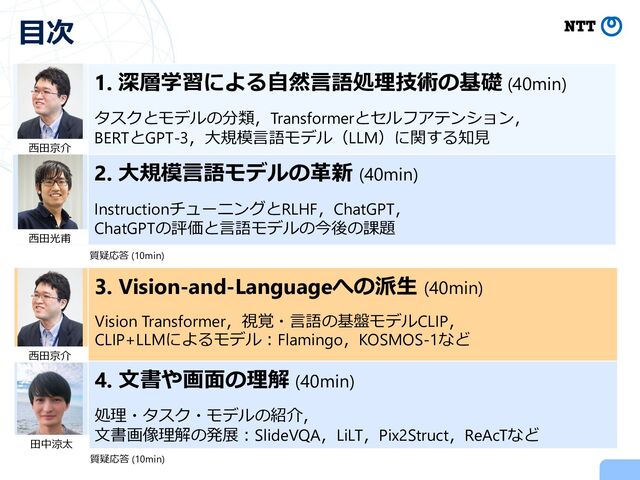 3. Vision-and-Languageへの派⽣ (40min)
Vision Transformer，視覚・⾔語の基盤モデルCLIP，
CLIP+LLMによるモデル︓Flamingo，KOSMOS-1など
4. ⽂書や画⾯の理解 (40min)
処理・タスク・モデルの紹介，
⽂書画像理解の発展︓SlideVQA，LiLT，Pix2Struct，ReAcTなど
1. 深層学習による⾃然⾔語処理技術の基礎 (40min)
タスクとモデルの分類，Transformerとセルフアテンション，
BERTとGPT-3，⼤規模⾔語モデル（LLM）に関する知⾒
2. ⼤規模⾔語モデルの⾰新 (40min)
InstructionチューニングとRLHF，ChatGPT，
ChatGPTの評価と⾔語モデルの今後の課題
⽬次
⻄⽥京介
⻄⽥光甫
⻄⽥京介
⽥中涼太
質疑応答 (10min)
質疑応答 (10min)
