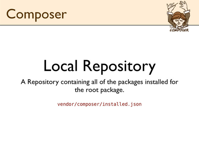 Local Repository
A Repository containing all of the packages installed for
the root package.
vendor/composer/installed.json
Composer
