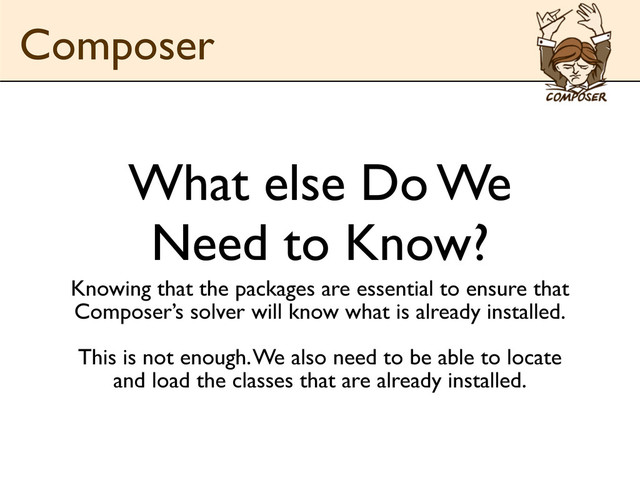 What else Do We
Need to Know?
Knowing that the packages are essential to ensure that
Composer’s solver will know what is already installed.
This is not enough. We also need to be able to locate
and load the classes that are already installed.
Composer
