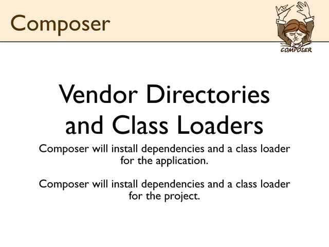 Vendor Directories
and Class Loaders
Composer will install dependencies and a class loader
for the application.
Composer will install dependencies and a class loader
for the project.
Composer
