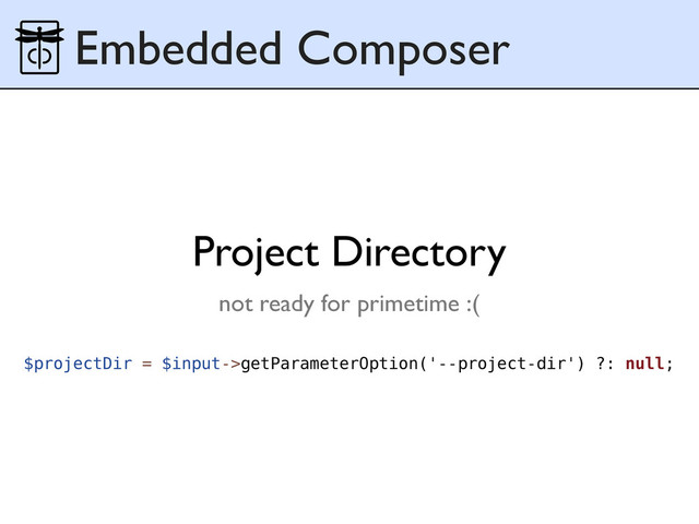 Embedded Composer
$projectDir = $input->getParameterOption('--project-dir') ?: null;
Project Directory
not ready for primetime :(
