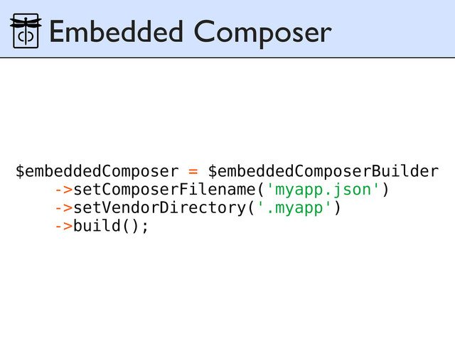 Embedded Composer
$embeddedComposer = $embeddedComposerBuilder
->setComposerFilename('myapp.json')
->setVendorDirectory('.myapp')
->build();
