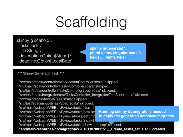 Scaffolding
skinny g scaffold \
tasks task \
title:String \
description:Option[String] \
deadline:Option[LocalDate]
*** Skinny Generator Task ***
"src/main/scala/controller/ApplicationController.scala" skipped.
"src/main/scala/controller/TasksController.scala" skipped.
"src/test/scala/controller/TasksControllerSpec.scala" skipped.
"src/test/scala/integrationtest/TasksController_IntegrationTestSpec.scala" skipped.
"src/main/scala/model/Task.scala" skipped.
"src/test/scala/model/TaskSpec.scala" skipped.
"src/main/webapp/WEB-INF/views/tasks/_form.html.ssp" skipped.
"src/main/webapp/WEB-INF/views/tasks/new.html.ssp" skipped.
"src/main/webapp/WEB-INF/views/tasks/edit.html.ssp" skipped.
"src/main/webapp/WEB-INF/views/tasks/index.html.ssp" skipped.
"src/main/webapp/WEB-INF/views/tasks/show.html.ssp" skipped.
"src/main/resources/db/migration/V20161107001151__Create_tasks_table.sql" created.
skinny g(generate) \
plural name, singular name \
ﬁelds… (name:type)
Running skinny db:migrate is needed
to apply the generated database migration.

