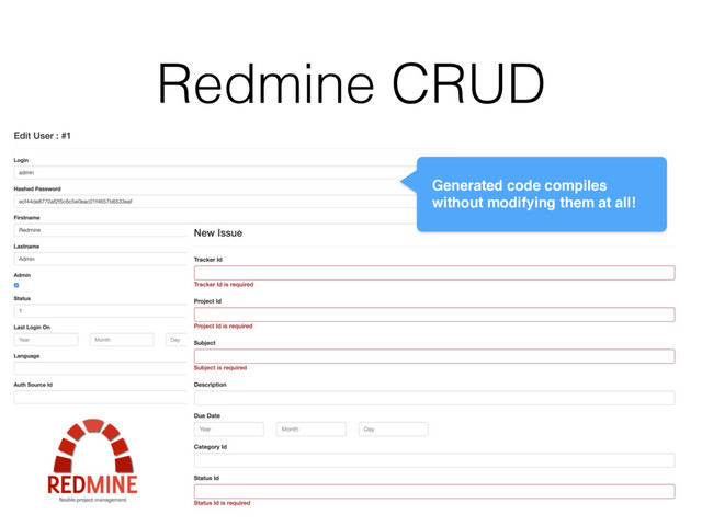 Redmine CRUD
Generated code compiles
without modifying them at all!
