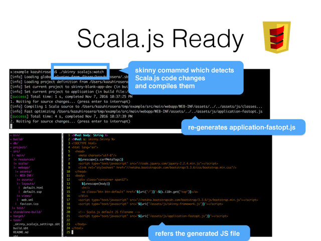 Scala.js Ready
re-generates application-fastopt.js
refers the generated JS ﬁle
skinny comamnd which detects
Scala.js code changes
and compiles them
