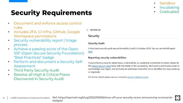 © 2023 Cloud Native Computing Foundation
30
Security Requirements
• Document and enforce access control
rules
• includes 2FA, CI Infra, GitHub, Google
Workspace permissions
• Security vulnerability report / triage
process
• Achieve a passing score of the Open
SSF (Open Secure Security Foundation)
"Best Practices" badge
• Perform and document a Security Self-
Assessment
• Third Party Security Audit
• Resolve all High & Critical Flaws
Discovered in Security Audit
• Sandbox
• Incubating
• Graduated
Ref: https://openssf.org/blog/2022/09/08/show-off-your-security-score-announcing-scorecards-
badges/
