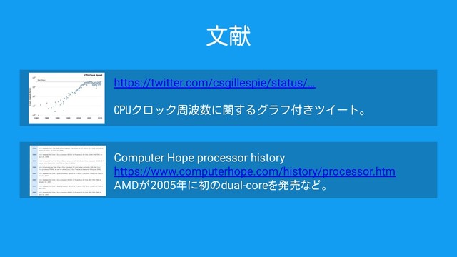 文献
https://twitter.com/csgillespie/status/…
CPUクロック周波数に関するグラフ付きツイート。
Computer Hope processor history
https://www.computerhope.com/history/processor.htm
AMDが2005年に初のdual-coreを発売など。
