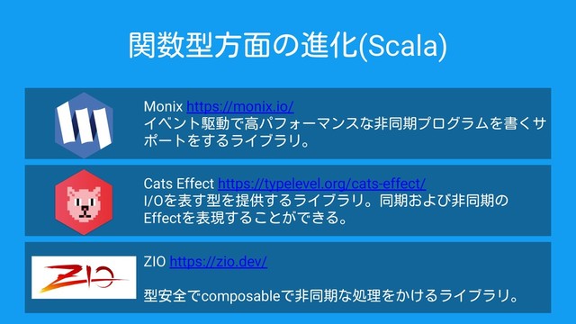 関数型方面の進化(Scala)
Monix https://monix.io/
イベント駆動で高パフォーマンスな非同期プログラムを書くサ
ポートをするライブラリ。
Cats Effect https://typelevel.org/cats-effect/
I/Oを表す型を提供するライブラリ。同期および非同期の
Effectを表現することができる。
ZIO https://zio.dev/
型安全でcomposableで非同期な処理をかけるライブラリ。
