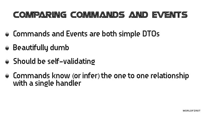 Commands and Events are both simple DTOs
Beautifully dumb
Should be self-validating
Commands know (or infer) the one to one relationship
with a single handler
Comparing Commands and Events
