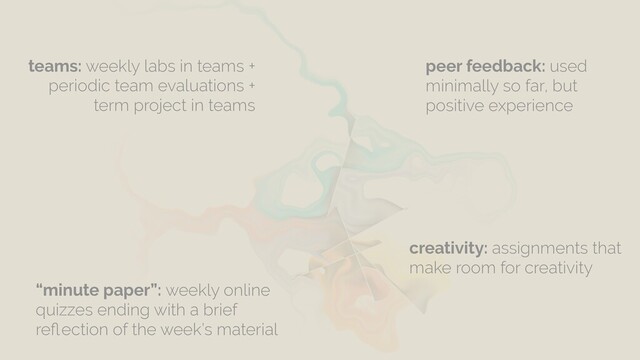 teams: weekly labs in teams +
periodic team evaluations +
term project in teams
peer feedback: used
minimally so far, but
positive experience
“minute paper”: weekly online
quizzes ending with a brief
reﬂection of the week’s material
creativity: assignments that
make room for creativity
