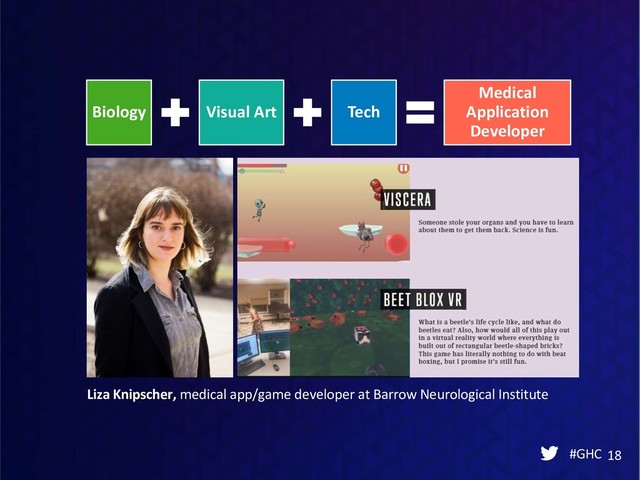 #GHC 18
Liza Knipscher, medical app/game developer at Barrow Neurological Institute
Biology Visual Art Tech
Medical
Application
Developer
