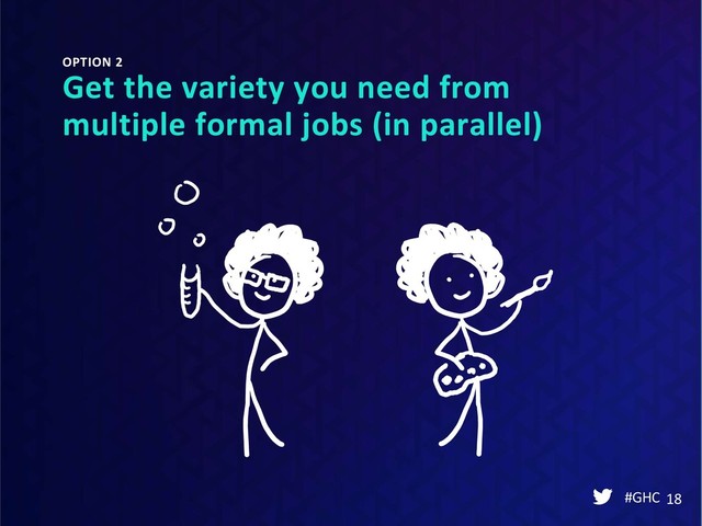 #GHC 18
OPTION 2
Get the variety you need from
multiple formal jobs (in parallel)
