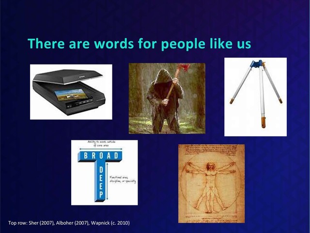 There are words for people like us
Top row: Sher (2007), Alboher (2007), Wapnick (c. 2010)
