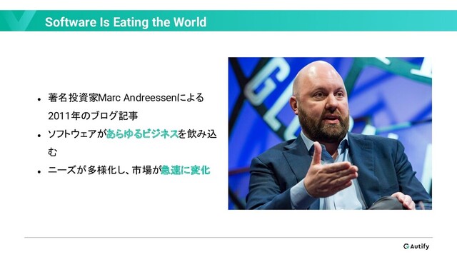 Software Is Eating the World
● 著名投資家Marc Andreessenによる
2011年のブログ記事
● ソフトウェアがあらゆるビジネスを飲み込
む
● ニーズが多様化し、市場が急速に変化

