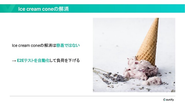 Ice cream coneの解消
Ice cream coneの解消は容易ではない
→ E2Eテストを自動化して負荷を下げる
