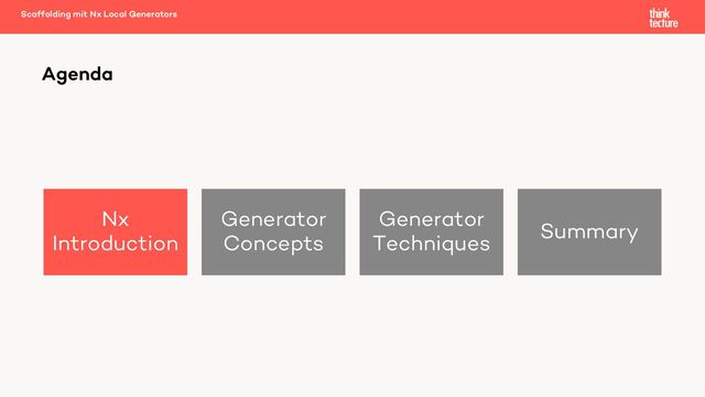 Nx
Introduction
Generator
Concepts
Generator
Techniques
Summary
Agenda
Scaffolding mit Nx Local Generators
