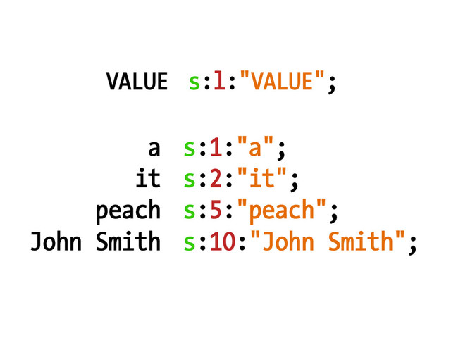 s:1:"a";
s:2:"it";
s:5:"peach";
s:10:"John Smith";
s:l:"VALUE";
a
it
peach
John Smith
VALUE
