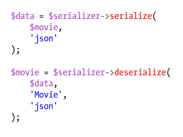 $data = $serializer->serialize(
$movie,
'json'
);
$movie = $serializer->deserialize(
$data,
'Movie',
'json'
);
