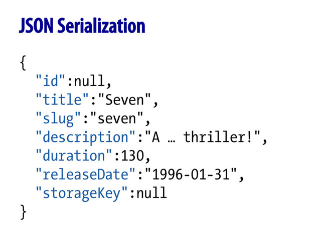 {
"id":null,
"title":"Seven",
"slug":"seven",
"description":"A … thriller!",
"duration":130,
"releaseDate":"1996-01-31",
"storageKey":null
}
JSON Serialization
