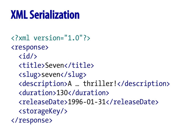 


Seven
seven
A … thriller!
130
1996-01-31


XML Serialization
