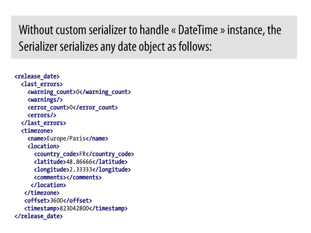 

0

0



Europe/Paris

FR
48.86666
2.33333



3600
823042800

Without custom serializer to handle « DateTime » instance, the
Serializer serializes any date object as follows:	  
