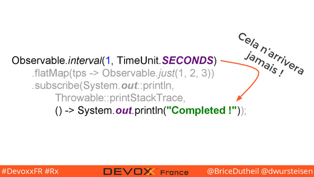 @BriceDutheil @dwursteisen
#DevoxxFR #Rx
Observable.interval(1, TimeUnit.SECONDS)
.flatMap(tps -> Observable.just(1, 2, 3))
.subscribe(System.out::println,
Throwable::printStackTrace,
() -> System.out.println("Completed !"));
Cela n’arrivera
jam
ais !
