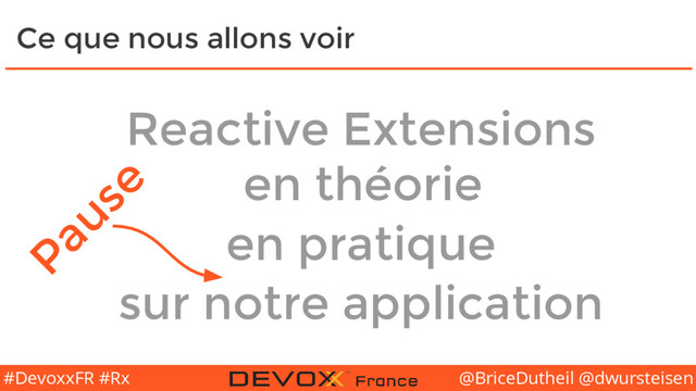 @BriceDutheil @dwursteisen
#DevoxxFR #Rx
Ce que nous allons voir
Reactive Extensions
en théorie
en pratique
sur notre application
Pause
