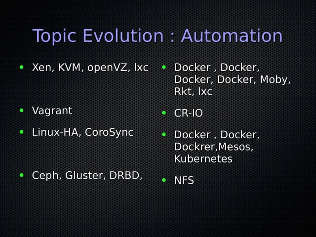 Topic Evolution : Automation
Topic Evolution : Automation
● Xen, KVM, openVZ, lxc
Xen, KVM, openVZ, lxc
● Vagrant
Vagrant
● Linux-HA, CoroSync
Linux-HA, CoroSync
● Ceph, Gluster, DRBD,
Ceph, Gluster, DRBD,
● Docker , Docker,
Docker , Docker,
Docker, Docker, Moby,
Docker, Docker, Moby,
Rkt, lxc
Rkt, lxc
● CR-IO
CR-IO
● Docker , Docker,
Docker , Docker,
Dockrer,Mesos,
Dockrer,Mesos,
Kubernetes
Kubernetes
● NFS
NFS
