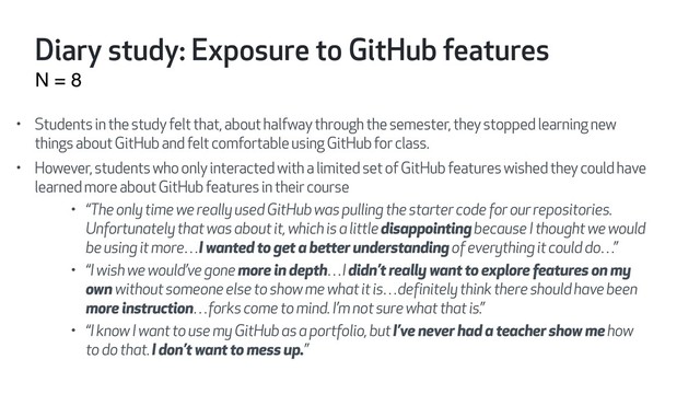 • Students in the study felt that, about halfway through the semester, they stopped learning new
things about GitHub and felt comfortable using GitHub for class.
• However, students who only interacted with a limited set of GitHub features wished they could have
learned more about GitHub features in their course
• “The only time we really used GitHub was pulling the starter code for our repositories.
Unfortunately that was about it, which is a little disappointing because I thought we would
be using it more…I wanted to get a better understanding of everything it could do…”
• “I wish we would’ve gone more in depth…I didn’t really want to explore features on my
own without someone else to show me what it is…definitely think there should have been
more instruction…forks come to mind. I’m not sure what that is.”
• “I know I want to use my GitHub as a portfolio, but I’ve never had a teacher show me how
to do that. I don’t want to mess up.”
Diary study: Exposure to GitHub features
N = 8
