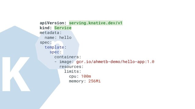 apiVersion: serving.knative.dev/v1
kind: Service
metadata:
name: hello
spec:
template:
spec:
containers:
- image: gcr.io/ahmetb-demo/hello-app:1.0
resources:
limits:
cpu: 100m
memory: 256Mi
