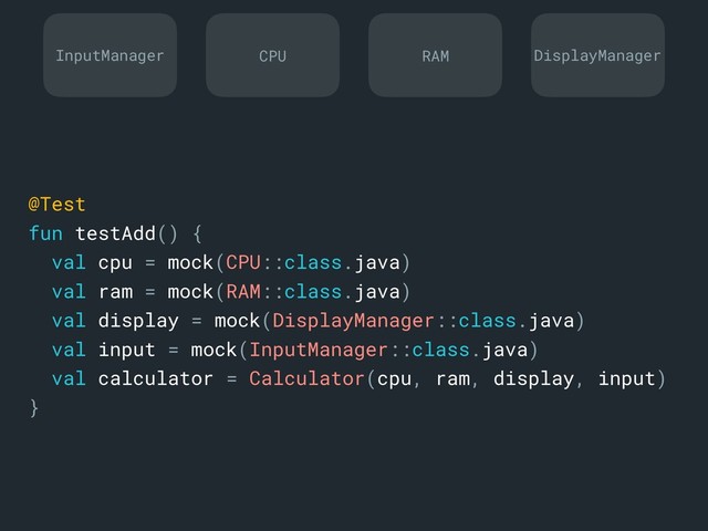 @Test
fun testAdd() {
val cpu = mock(CPU::class.java)
val ram = mock(RAM::class.java)
val display = mock(DisplayManager::class.java)
val input = mock(InputManager::class.java)
val calculator = Calculator(cpu, ram, display, input)
}a
InputManager DisplayManager
CPU RAM
