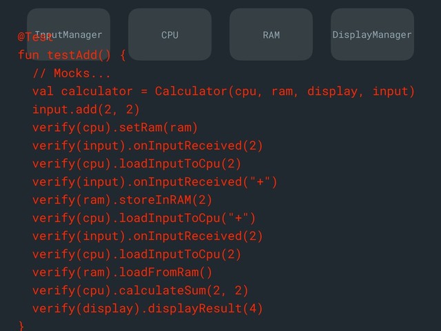 InputManager DisplayManager
CPU RAM
@Test
fun testAdd() {
// Mocks...
val calculator = Calculator(cpu, ram, display, input)
input.add(2, 2)
verify(cpu).setRam(ram)
verify(input).onInputReceived(2)
verify(cpu).loadInputToCpu(2)
verify(input).onInputReceived("+")
verify(ram).storeInRAM(2)
verify(cpu).loadInputToCpu("+")
verify(input).onInputReceived(2)
verify(cpu).loadInputToCpu(2)
verify(ram).loadFromRam()
verify(cpu).calculateSum(2, 2)
verify(display).displayResult(4)
}a
