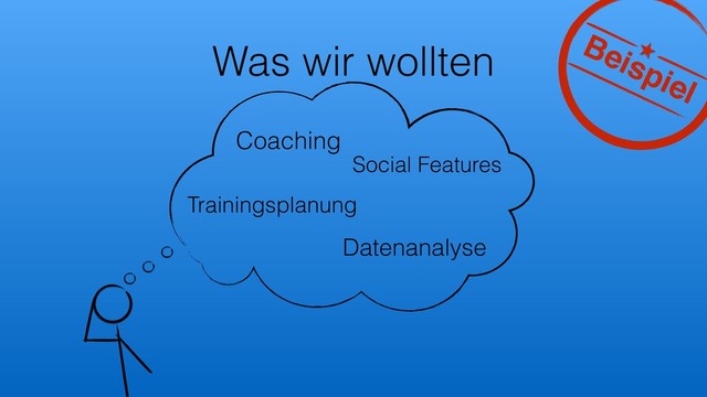Was wir wollten
Trainingsplanung
Datenanalyse
Coaching
Social Features
Beispiel
