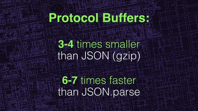 6-7 times faster
than JSON.parse
Protocol Buffers:
3-4 times smaller
than JSON (gzip)
