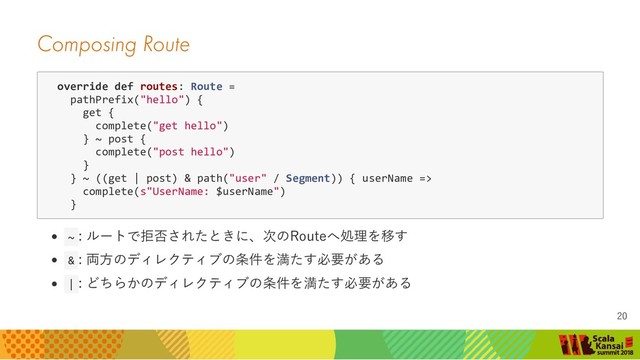 Composing Route
override def routes: Route =
pathPrefix("hello") {
get {
complete("get hello")
} ~ post {
complete("post hello")
}
} ~ ((get | post) & path("user" / Segment)) { userName =>
complete(s"UserName: $userName")
}
~ : ルートで拒否されたときに、次のRouteへ処理を移す
& : 両方のディレクティブの条件を満たす必要がある
| : どちらかのディレクティブの条件を満たす必要がある
20
