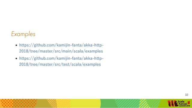 Examples
https://github.com/kamijin‑fanta/akka‑http‑
2018/tree/master/src/main/scala/examples
https://github.com/kamijin‑fanta/akka‑http‑
2018/tree/master/src/test/scala/examples
32
