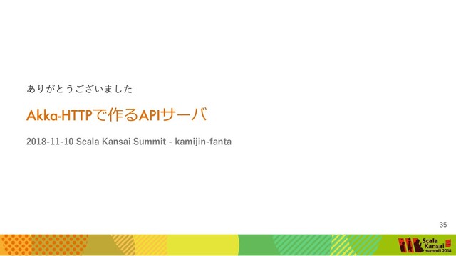 ありがとうございました
Akka-HTTP
で作るAPI
サーバ
2018‑11‑10 Scala Kansai Summit ‑ kamijin‑fanta
35
