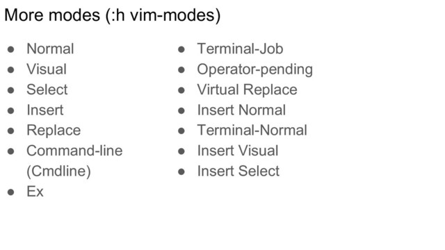 More modes (:h vim-modes)
● Normal
● Visual
● Select
● Insert
● Replace
● Command-line
(Cmdline)
● Ex
● Terminal-Job
● Operator-pending
● Virtual Replace
● Insert Normal
● Terminal-Normal
● Insert Visual
● Insert Select
