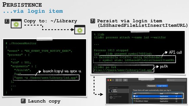 PERSISTENCE
...via login item
# ./ProcessMonitor


{


"event" : "ES_EVENT_TYPE_NOTIFY_EXEC",


"process" : {


...


"uid" : 501,


"arguments" : [


"/bin/sh",


"-c",


"open -a /Users/user/Library/lsd.app"


],


...


}
 
}
launch (copy) via open -a
Copy to: ~/Library
% lldb
 
(lldb) process attach --name lsd --waitfor
 
...


 
Process 1813 stopped


lsd`___lldb_unnamed_symbol74$$lsd:


-> 0x10cb1b15a <+167>: callq 0x10cb1da1a
 
; symbol stub: LSSharedFileListInsertItemURL


(lldb) po $r8
 
file:///Users/user/Library/lsd.app
Launch copy
Persist via login item
 
(LSSharedFileListInsertItemURL)
API call
path
