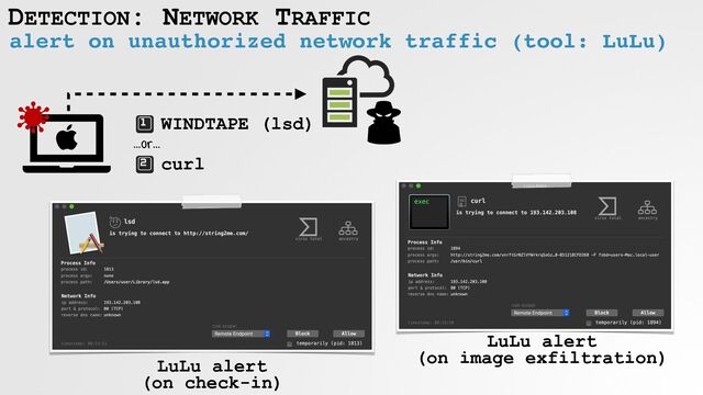 DETECTION: NETWORK TRAFFIC
alert on unauthorized network traffic (tool: LuLu)
WINDTAPE (lsd)
curl
LuLu alert
 
(on check-in)
LuLu alert
 
(on image exfiltration)
...or...
