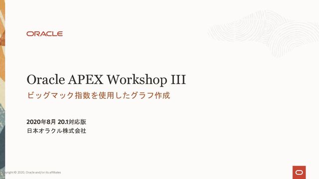 Oracle APEX Workshop III
ビッグマック指数を使用したグラフ作成
2020年8月 20.1対応版
日本オラクル株式会社
Copyright © 2020, Oracle and/or its affiliates
1
