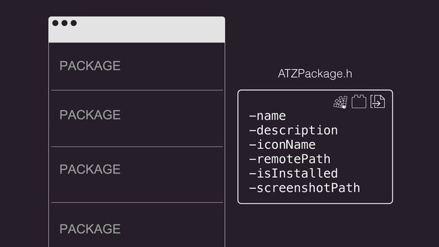 -name
-description
-iconName
-remotePath
-isInstalled
-screenshotPath
ATZPackage.h
