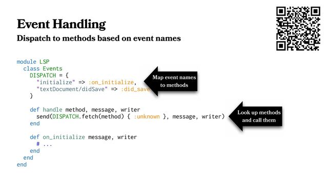 Event Handling
Dispatch to methods based on event names
module LSP
class Events
DISPATCH = {
"initialize" => :on_initialize,
"textDocument/didSave" => :did_save
}
def handle method, message, writer
send(DISPATCH.fetch(method) { :unknown }, message, writer)
end
def on_initialize message, writer
# ...
end
end
end
Map event names
to methods
Look up methods
and call them

