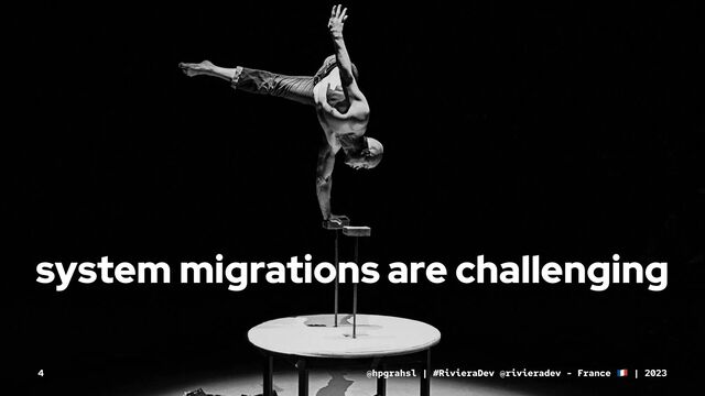 system migrations are challenging
@hpgrahsl | #RivieraDev @rivieradev - France | 2023
4
