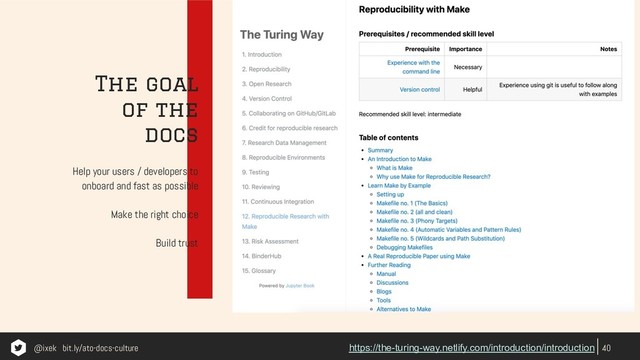 The goal
of the
docs
Help your users / developers to
onboard and fast as possible
Make the right choice
Build trust
40
https://the-turing-way.netlify.com/introduction/introduction
@ixek bit.ly/ato-docs-culture
