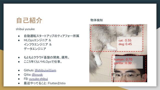 自己紹介
shibui yusuke
● 自動運転スタートアップのティアフォー所属
● MLOpsエンジニア &
インフラエンジニア &
データエンジニア
● もともとクラウド基盤の開発、運用。
● ここ5年くらいMLOpsで仕事。
● Github: @shibuiwilliam
● Qiita: @cvusk
● FB: yusuke.shibui
● 最近やってること: FlutterとIstio
cat : 0.55
dog: 0.45
human : 0.70
gorilla : 0.30
物体検知
