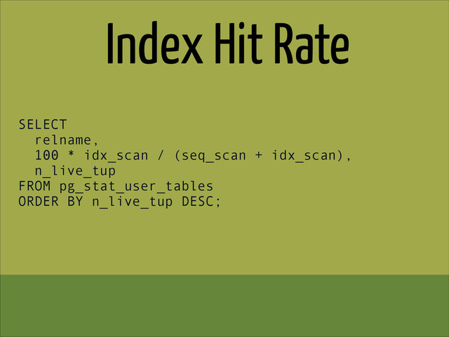 Index Hit Rate
SELECT
relname,
100 * idx_scan / (seq_scan + idx_scan),
n_live_tup
FROM pg_stat_user_tables
ORDER BY n_live_tup DESC;
!
!
!
