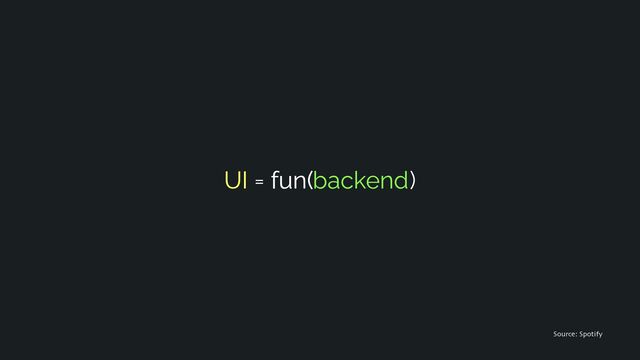 UI = fun(backend)
Source: Spotify
• UI = fun(state)
backend
