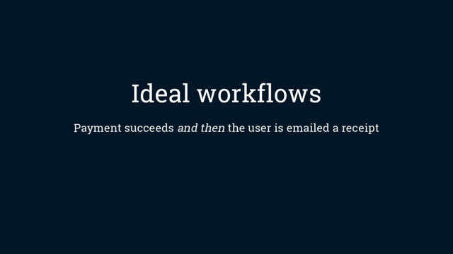 Ideal workflows
Payment succeeds and then the user is emailed a receipt
